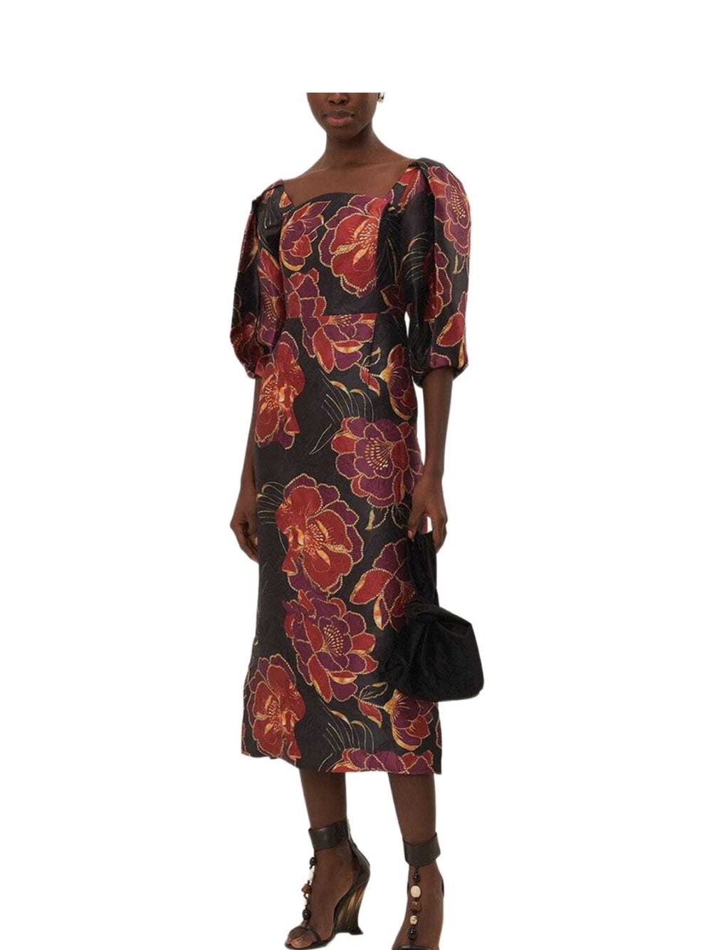 FARM Rio Black Midi Dress with Red & Gold Floral Print